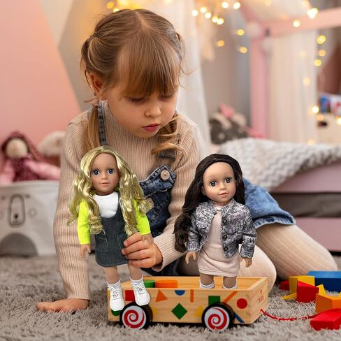 دمى مقاس 18 بوصة ذات شعر ناعم وإكسسوارات - دمية ناعمة الجسم مقاس 18 بوصة بأذرع وأرجل من الفينيل قابلة لاتخاذ الوضعيات، زي فستان - مجموعة دمى لطيفة مقاس 18 بوصة للفتيات in Kuwait