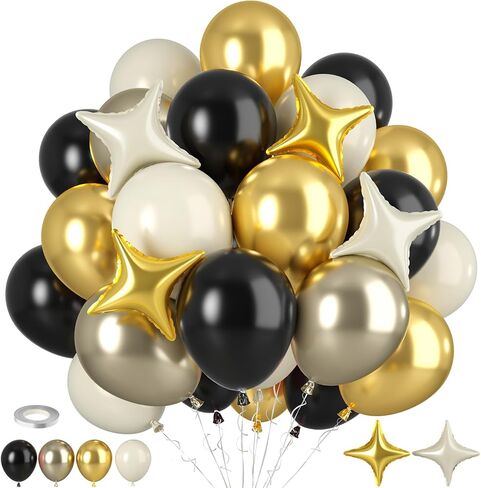 Black And Gold Balloons, 50pcs Black Silver Gold Balloons, Clear Balloon Silver Disco 4d Ball Star Foil Balloon For New Year Birthday Baby Shower Party Wedding Engagement Graduation Father's Day Decor in Kuwait
