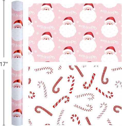 لفات ورق تغليف عيد الميلاد من Merture Pink Santa - لفة صغيرة - 17 بوصة × 32.8 قدم (46.5 قدم مربع. ttl.) - غلاف هدايا وردي للفتيات مع تصميم سانتا كلوز اللطيف وقصب الحلوى لعيد الميلاد، والحفلات، والعطلات، والاحتفال بالمهرجانات in Kuwait