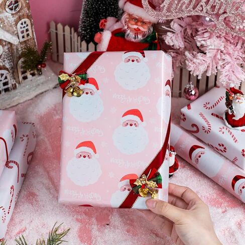 لفات ورق تغليف عيد الميلاد من Merture Pink Santa - لفة صغيرة - 17 بوصة × 32.8 قدم (46.5 قدم مربع. ttl.) - غلاف هدايا وردي للفتيات مع تصميم سانتا كلوز اللطيف وقصب الحلوى لعيد الميلاد، والحفلات، والعطلات، والاحتفال بالمهرجانات in Kuwait