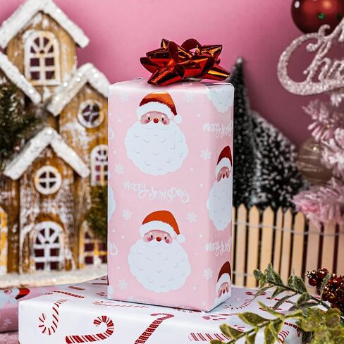 لفات ورق تغليف عيد الميلاد من Merture Pink Santa - لفة صغيرة - 17 بوصة × 32.8 قدم (46.5 قدم مربع. ttl.) - غلاف هدايا وردي للفتيات مع تصميم سانتا كلوز اللطيف وقصب الحلوى لعيد الميلاد، والحفلات، والعطلات، والاحتفال بالمهرجانات in Kuwait
