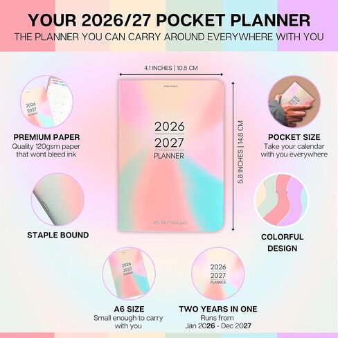 2026-2027 Pocket Planner | Small A6 Size - Fits in Your Bag | Two-Year Calendar | Premium 120gsm Paper | Portable & Durable Design (Mono) in Saudi Arabia