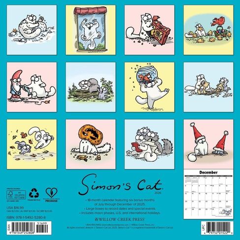 Willow Creek Press، تقويم حائط Simons Cat 2026، 12 بوصة × 12 بوصة، تقويم 18 شهرًا مع غلاف مثبت in Kuwait