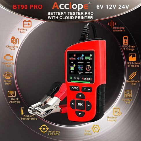 BT90 PRO 2-360Ah Battery Tester with Cloud Printing, 30-3800 CCA, 6V/12V/24V Digital Analyzer, SOH/SOC/Volt/Res/Cranking&Charging Test, Real‑Time Ambient Temp, AGM/EFB/Gel/Li in Kuwait