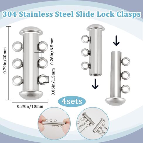 Beebeecraft 4Pcs Slide Lock Clasps 304 Stainless Steel Tube Layering Clasps 3 Strands Connector for Necklace Bracelet Jewelry Making in Saudi Arabia