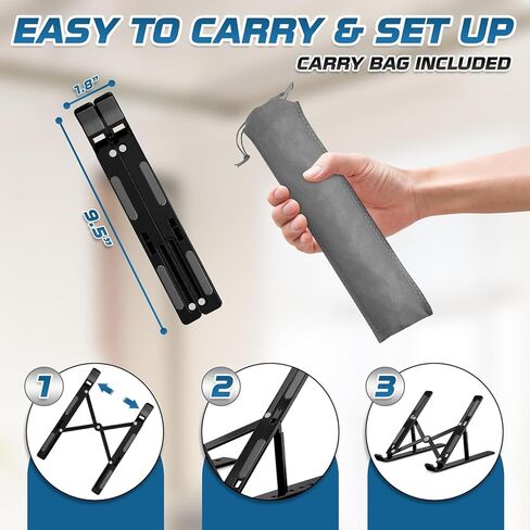 Premium Portable Aluminum Laptop Stand, 7 Angles Adjustable Tilt, Heavy-Duty Laptop Riser, Foldable, Slim & Lightweight Travel-Friendly Stand for Desk & Workstation, Black in Saudi Arabia