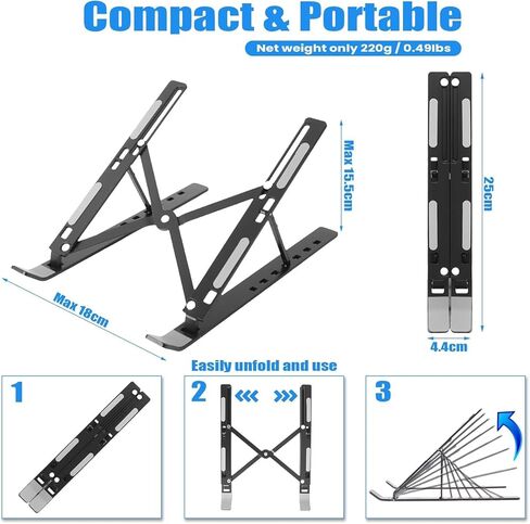 Premium Portable Aluminum Laptop Stand, 7 Angles Adjustable Tilt, Heavy-Duty Laptop Riser, Foldable, Slim & Lightweight Travel-Friendly Stand for Desk & Workstation, Black in Saudi Arabia