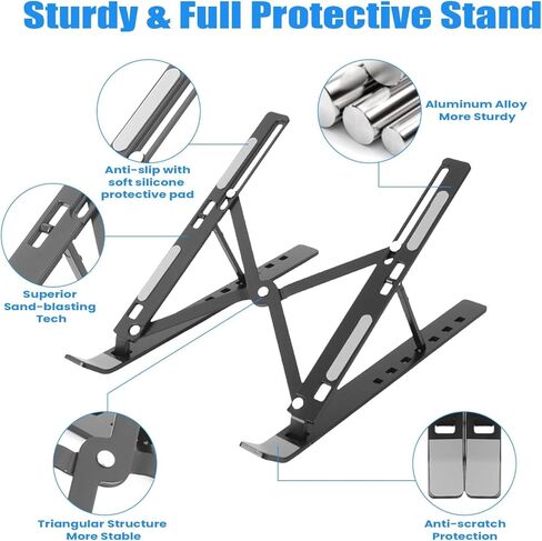 Premium Portable Aluminum Laptop Stand, 7 Angles Adjustable Tilt, Heavy-Duty Laptop Riser, Foldable, Slim & Lightweight Travel-Friendly Stand for Desk & Workstation, Black in Saudi Arabia