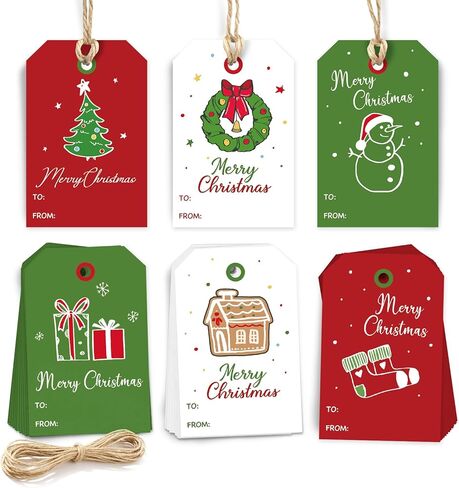 Cute Christmas Gift Tags with String - 48 Quality Paper Labels for Personalizing Your Holiday Gifts - Festive Christmas Name Tags for Presents - Decorations for Xmas - White in Saudi Arabia
