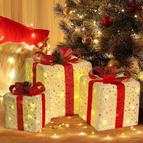 Set of 3 Christmas Lighted Gift Boxes, 60 LED Christmas Box Decorations, Presents Boxes with Ribbon Bows Christma Ornaments for Xmas Tree, Yard, Home, Indoor Outdoor Holiday Decor in Saudi Arabia