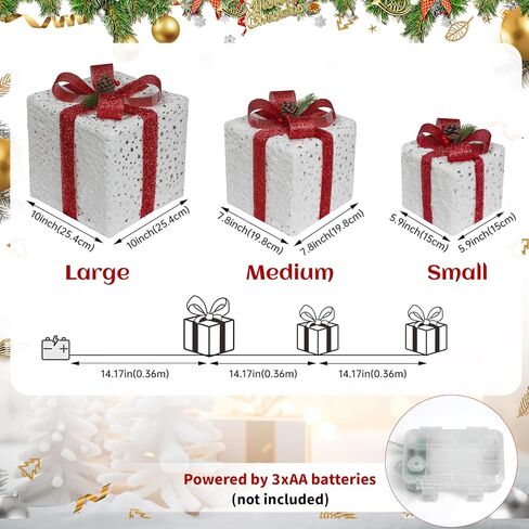 Set of 3 Christmas Lighted Gift Boxes, 60 LED Christmas Box Decorations, Presents Boxes with Ribbon Bows Christma Ornaments for Xmas Tree, Yard, Home, Indoor Outdoor Holiday Decor in Saudi Arabia