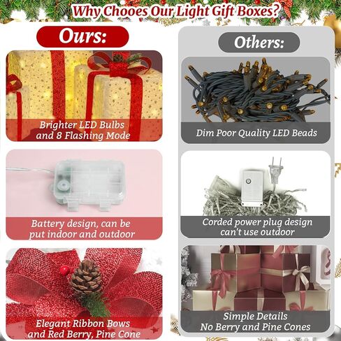 Set of 3 Christmas Lighted Gift Boxes, 60 LED Christmas Box Decorations, Presents Boxes with Ribbon Bows Christma Ornaments for Xmas Tree, Yard, Home, Indoor Outdoor Holiday Decor in Saudi Arabia
