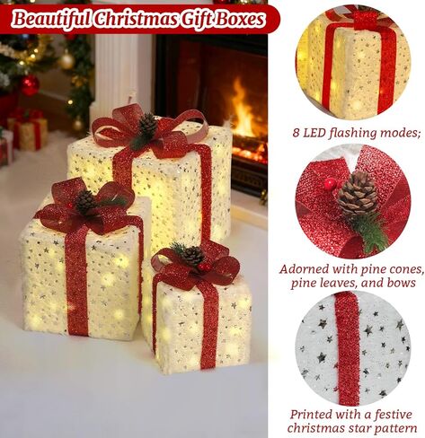 Set of 3 Christmas Lighted Gift Boxes, 60 LED Christmas Box Decorations, Presents Boxes with Ribbon Bows Christma Ornaments for Xmas Tree, Yard, Home, Indoor Outdoor Holiday Decor in Saudi Arabia