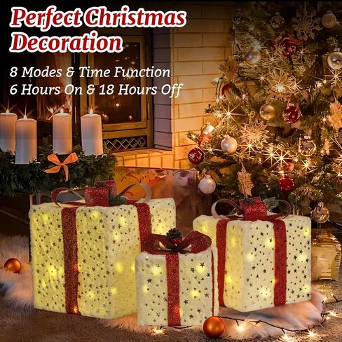 Set of 3 Christmas Lighted Gift Boxes, 60 LED Christmas Box Decorations, Presents Boxes with Ribbon Bows Christma Ornaments for Xmas Tree, Yard, Home, Indoor Outdoor Holiday Decor in Saudi Arabia