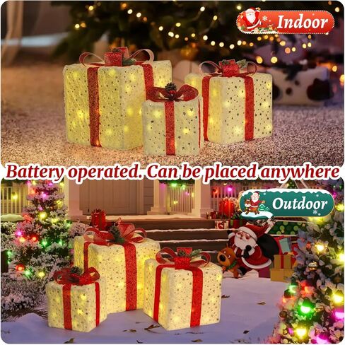 Set of 3 Christmas Lighted Gift Boxes, 60 LED Christmas Box Decorations, Presents Boxes with Ribbon Bows Christma Ornaments for Xmas Tree, Yard, Home, Indoor Outdoor Holiday Decor in Saudi Arabia