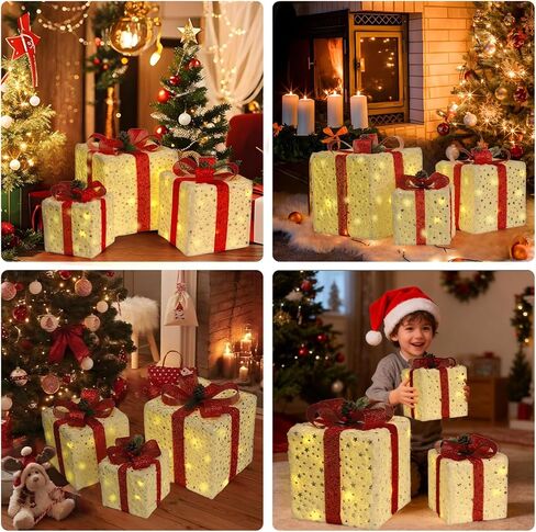 Set of 3 Christmas Lighted Gift Boxes, 60 LED Christmas Box Decorations, Presents Boxes with Ribbon Bows Christma Ornaments for Xmas Tree, Yard, Home, Indoor Outdoor Holiday Decor in Saudi Arabia
