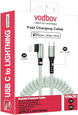 USB-C to Lightning Cable 2FT to 8FT Right Angle Coiled Charging Cable Durable Coil MFi Certified Charger Cord Zebra Black in Saudi Arabia