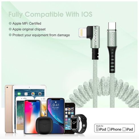 USB-C to Lightning Cable 2FT to 8FT Right Angle Coiled Charging Cable Durable Coil MFi Certified Charger Cord Zebra Black in Saudi Arabia