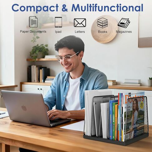 AUPSEN Vertical File Organizer for Desk, 5-Section Wooden Desktop File Folder Holder Sorter Storage Rack Stand, Paper Desk Organizer, Workspace Organizers for Office Supplies, Black in Saudi Arabia