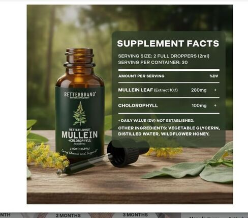 مستخلص أوراق نبات BetterLungs Mullein من Betterbrand - يدعم تطهير الرئة ووظيفة الجهاز التنفسي للتنفس الصحي - مكمل طبيعي، قطرات صبغة | غير معدل وراثيًا، نباتي | 1 شهر العرض in Kuwait