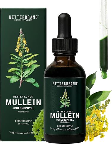 مستخلص أوراق نبات BetterLungs Mullein من Betterbrand - يدعم تطهير الرئة ووظيفة الجهاز التنفسي للتنفس الصحي - مكمل طبيعي، قطرات صبغة | غير معدل وراثيًا، نباتي | 1 شهر العرض in Kuwait