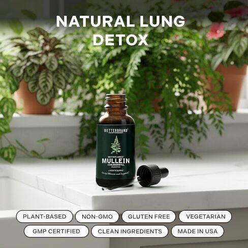 مستخلص أوراق نبات BetterLungs Mullein من Betterbrand - يدعم تطهير الرئة ووظيفة الجهاز التنفسي للتنفس الصحي - مكمل طبيعي، قطرات صبغة | غير معدل وراثيًا، نباتي | 1 شهر العرض in Kuwait
