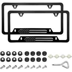 قطعتان من إطارات لوحة ترخيص السيارة، أغطية لوحة ترخيص وطنية من سبائك الألومنيوم بالعلم الأمريكي، حامل لوحة ترخيص عالمي مقاوم للصدأ بعلم الولايات المتحدة لعلامات السيارة الأمامية والخلفية (أسود) in Kuwait
