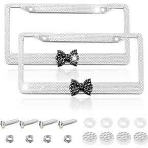 قطعتان من إطار لوحة ترخيص السيارة اللامعة، من الفولاذ المقاوم للصدأ كريستال حجر الراين من الفولاذ المقاوم للصدأ أغطية لوحة القوس للسيارة، حامل لوحة ترخيص لامع من الألماس، ملحقات السيارة الوردية للنساء (أبيض وأسود) in Kuwait