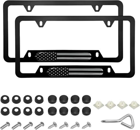 قطعتان من إطارات لوحة ترخيص السيارة، أغطية لوحة ترخيص وطنية من سبائك الألومنيوم بالعلم الأمريكي، حامل لوحة ترخيص عالمي مقاوم للصدأ بعلم الولايات المتحدة لعلامات السيارة الأمامية والخلفية (أسود) in Kuwait