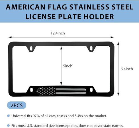 قطعتان من إطارات لوحة ترخيص السيارة، أغطية لوحة ترخيص وطنية من سبائك الألومنيوم بالعلم الأمريكي، حامل لوحة ترخيص عالمي مقاوم للصدأ بعلم الولايات المتحدة لعلامات السيارة الأمامية والخلفية (أسود) in Kuwait