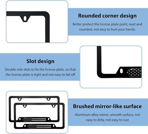 قطعتان من إطارات لوحة ترخيص السيارة، أغطية لوحة ترخيص وطنية من سبائك الألومنيوم بالعلم الأمريكي، حامل لوحة ترخيص عالمي مقاوم للصدأ بعلم الولايات المتحدة لعلامات السيارة الأمامية والخلفية (أسود) in Kuwait