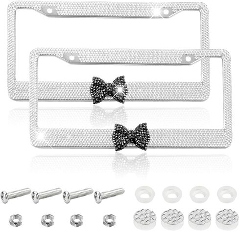 قطعتان من إطار لوحة ترخيص السيارة اللامعة، من الفولاذ المقاوم للصدأ كريستال حجر الراين من الفولاذ المقاوم للصدأ أغطية لوحة القوس للسيارة، حامل لوحة ترخيص لامع من الألماس، ملحقات السيارة الوردية للنساء (أبيض وأسود) in Kuwait