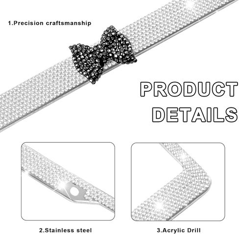 قطعتان من إطار لوحة ترخيص السيارة اللامعة، من الفولاذ المقاوم للصدأ كريستال حجر الراين من الفولاذ المقاوم للصدأ أغطية لوحة القوس للسيارة، حامل لوحة ترخيص لامع من الألماس، ملحقات السيارة الوردية للنساء (أبيض وأسود) in Kuwait