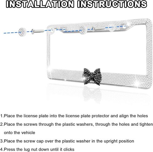 قطعتان من إطار لوحة ترخيص السيارة اللامعة، من الفولاذ المقاوم للصدأ كريستال حجر الراين من الفولاذ المقاوم للصدأ أغطية لوحة القوس للسيارة، حامل لوحة ترخيص لامع من الألماس، ملحقات السيارة الوردية للنساء (أبيض وأسود) in Kuwait