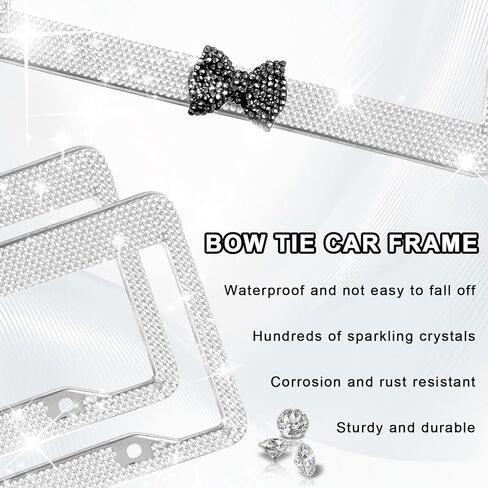 قطعتان من إطار لوحة ترخيص السيارة اللامعة، من الفولاذ المقاوم للصدأ كريستال حجر الراين من الفولاذ المقاوم للصدأ أغطية لوحة القوس للسيارة، حامل لوحة ترخيص لامع من الألماس، ملحقات السيارة الوردية للنساء (أبيض وأسود) in Kuwait