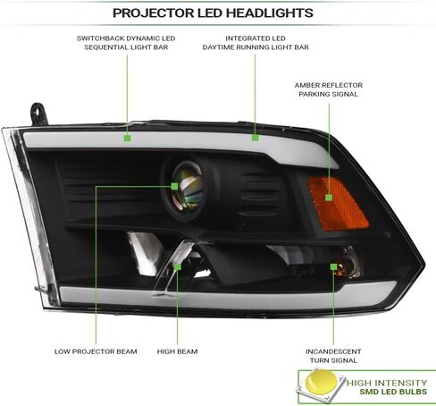 7422439629684 Compatible With 2009-2018 Dodge Ram 1500/2019-2023 Classic / 2010-2018 2500 3500 Switchback Sequential LED Strip Bar Black Housing Projector Headlights With Amber Reflector in Saudi Arabia