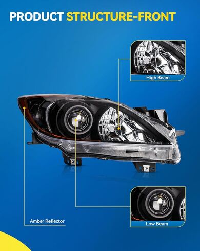 PHILTOP Headlights Assembly Compatible with 2010-2013 Mazda 3,Black Housing Clear Lens Amber Reflector,Halogen Headlamps (Driver + Passenger Side) in Saudi Arabia