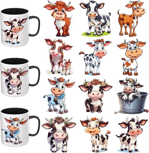 Cute Animals UV DTF Stickers - 12 Sheets Cute Cows UV DTF Cup Wrap for Mugs Glass Coffee, DIY Decals for Tumblers, Waterproof Rub on Transfers for Crafts in Saudi Arabia