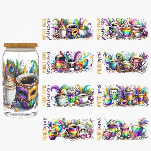 UV DTF Cup Wrap for 16oz Glass, 8 Sheets Mardi Gras Exuberant Transfer Stickers, Rub on Transfers for Crafts Cup Tumbler DIY Crafts in Saudi Arabia