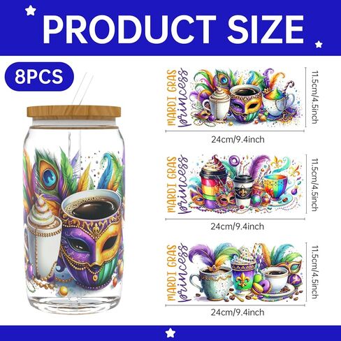 UV DTF Cup Wrap for 16oz Glass, 8 Sheets Mardi Gras Exuberant Transfer Stickers, Rub on Transfers for Crafts Cup Tumbler DIY Crafts in Saudi Arabia