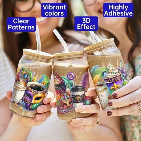 UV DTF Cup Wrap for 16oz Glass, 8 Sheets Mardi Gras Exuberant Transfer Stickers, Rub on Transfers for Crafts Cup Tumbler DIY Crafts in Saudi Arabia