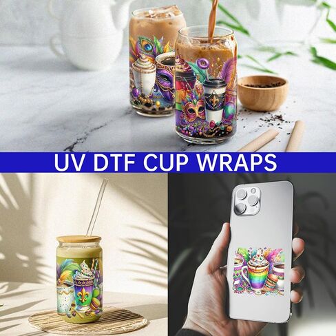 UV DTF Cup Wrap for 16oz Glass, 8 Sheets Mardi Gras Exuberant Transfer Stickers, Rub on Transfers for Crafts Cup Tumbler DIY Crafts in Saudi Arabia