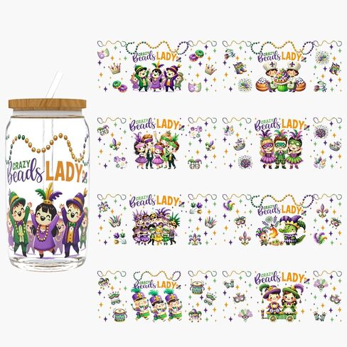 UV DTF Cup Wrap for 16oz Glass, 8 Sheets Mardi Gras Exuberant Transfer Stickers, Rub on Transfers for Crafts Cup Tumbler DIY Crafts in Saudi Arabia