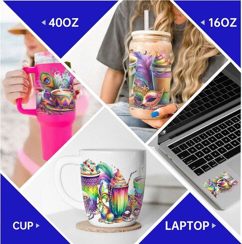 UV DTF Cup Wrap for 16oz Glass, 8 Sheets Mardi Gras Exuberant Transfer Stickers, Rub on Transfers for Crafts Cup Tumbler DIY Crafts in Saudi Arabia