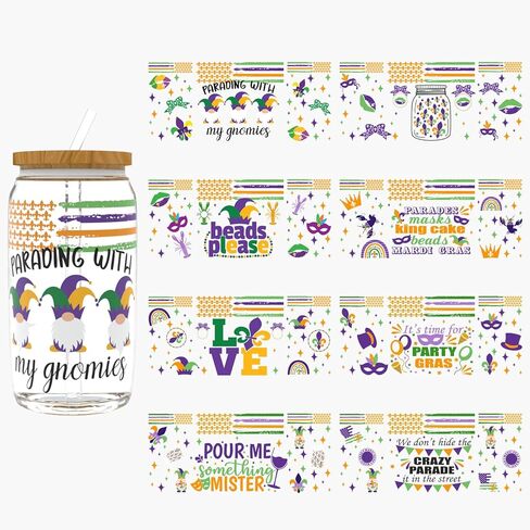 UV DTF Cup Wrap for 16oz Glass, 8 Sheets Mardi Gras Exuberant Transfer Stickers, Rub on Transfers for Crafts Cup Tumbler DIY Crafts in Saudi Arabia
