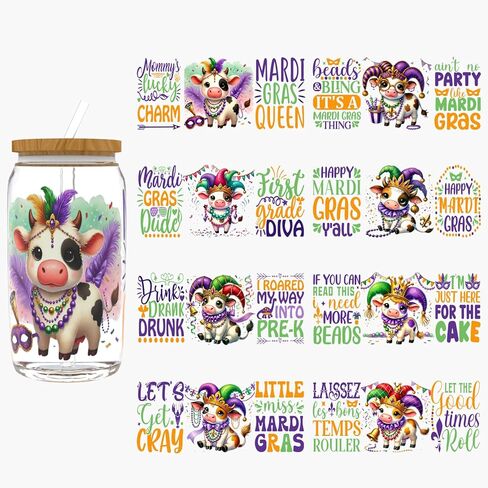 UV DTF Cup Wrap for 16oz Glass, 8 Sheets Mardi Gras Exuberant Transfer Stickers, Rub on Transfers for Crafts Cup Tumbler DIY Crafts in Saudi Arabia