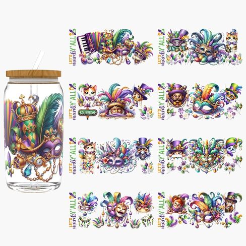 UV DTF Cup Wrap for 16oz Glass, 8 Sheets Mardi Gras Exuberant Transfer Stickers, Rub on Transfers for Crafts Cup Tumbler DIY Crafts in Saudi Arabia