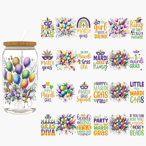 UV DTF Cup Wrap for 16oz Glass, 8 Sheets Mardi Gras Exuberant Transfer Stickers, Rub on Transfers for Crafts Cup Tumbler DIY Crafts in Saudi Arabia