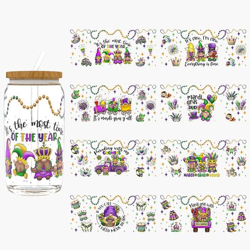 UV DTF Cup Wrap for 16oz Glass, 8 Sheets Mardi Gras Exuberant Transfer Stickers, Rub on Transfers for Crafts Cup Tumbler DIY Crafts in Saudi Arabia