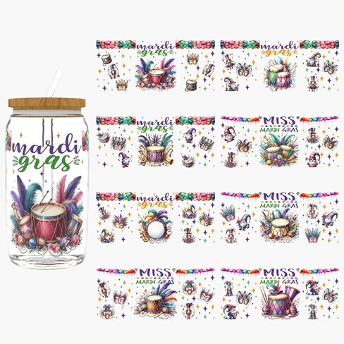 UV DTF Cup Wrap for 16oz Glass, 8 Sheets Mardi Gras Exuberant Transfer Stickers, Rub on Transfers for Crafts Cup Tumbler DIY Crafts in Saudi Arabia